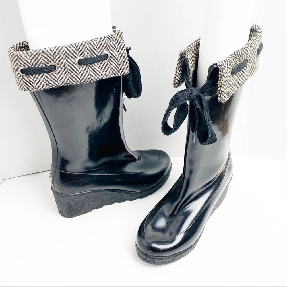 SPERRY Black Top Sider Herringbone Wedge Rain Boots, Size 7